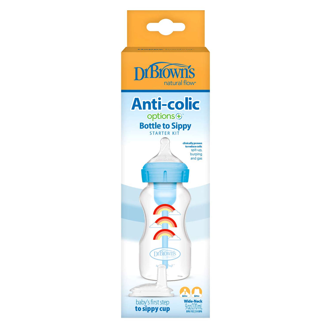 Packaging for blue Dr. Brown's Natural Flow® Anti-Colic Options+™ Wide-Neck Sippy Bottle Starter Kit
