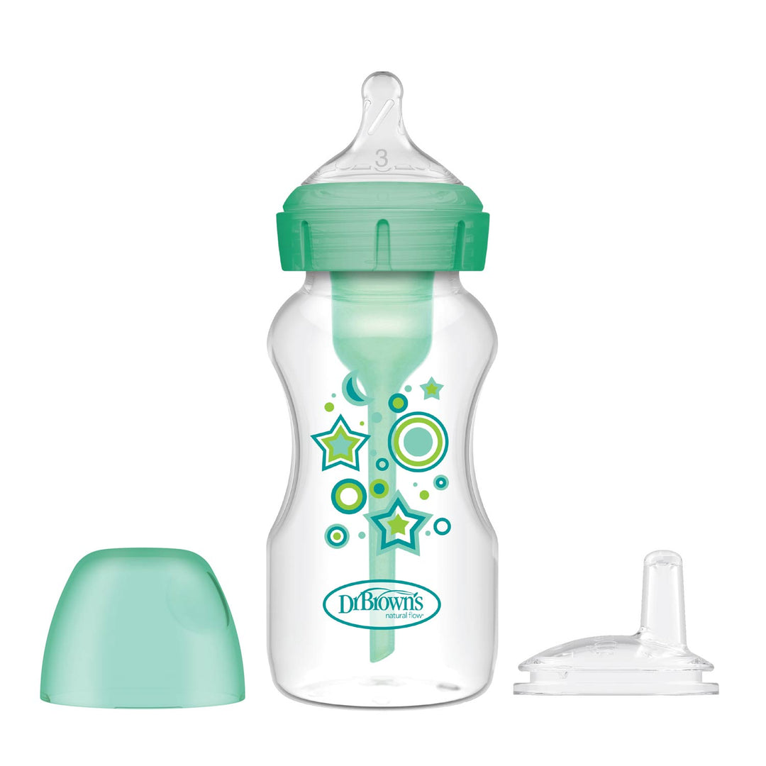 Dr. Brown's Natural Flow® Anti-Colic Options+™ Wide-Neck Sippy Bottle Starter Kit features a clear design with green accents, star and circle patterns, removable cap and nipple cover, plus an anti-colic internal venting system for enhanced baby comfort.