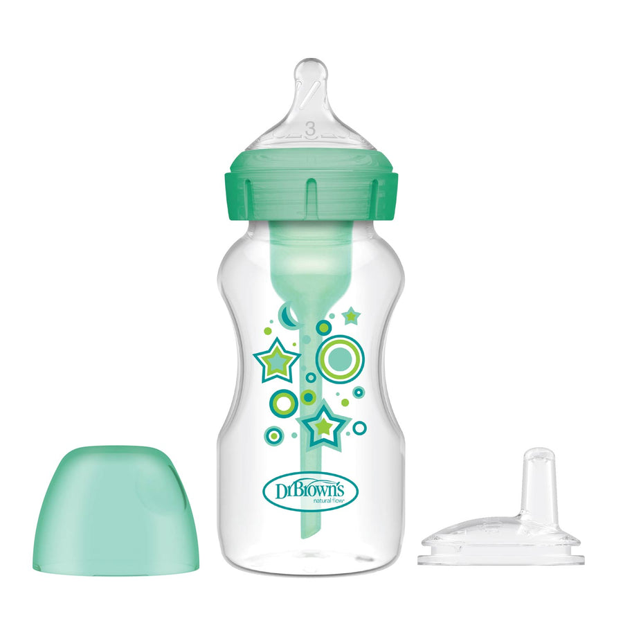 Dr. Brown's Natural Flow® Anti-Colic Options+™ Wide-Neck Sippy Bottle Starter Kit features a clear design with green accents, star and circle patterns, removable cap and nipple cover, plus an anti-colic internal venting system for enhanced baby comfort.