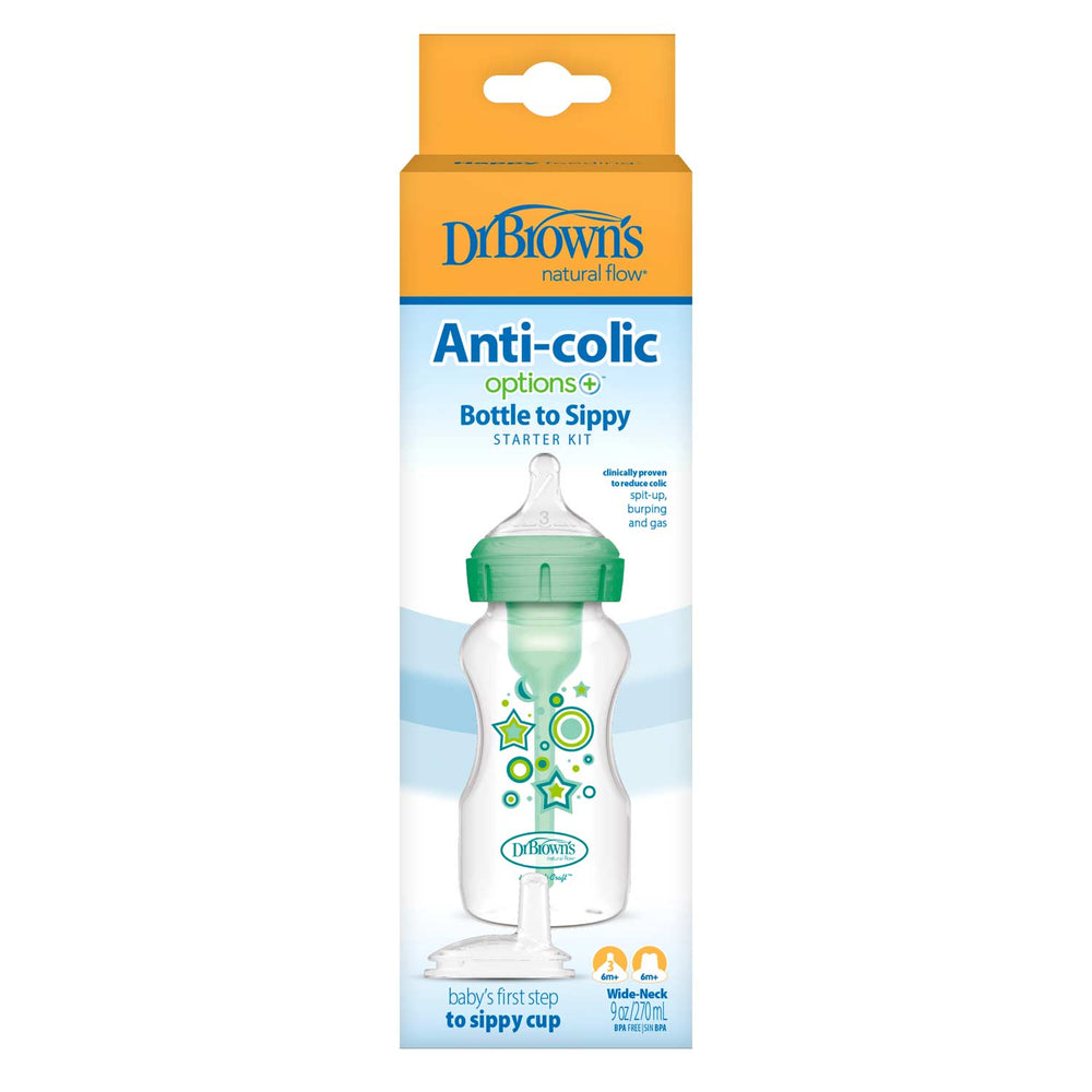 The packaging for Dr. Brown's Natural Flow® Anti-Colic Options+™ Wide-Neck Sippy Bottle Starter Kit showcases a clear bottle adorned with green and blue stars, a transition lid, and 6oz/170ml capacity. It highlights the anti-colic benefits and seamless transition from bottle to sippy cup.