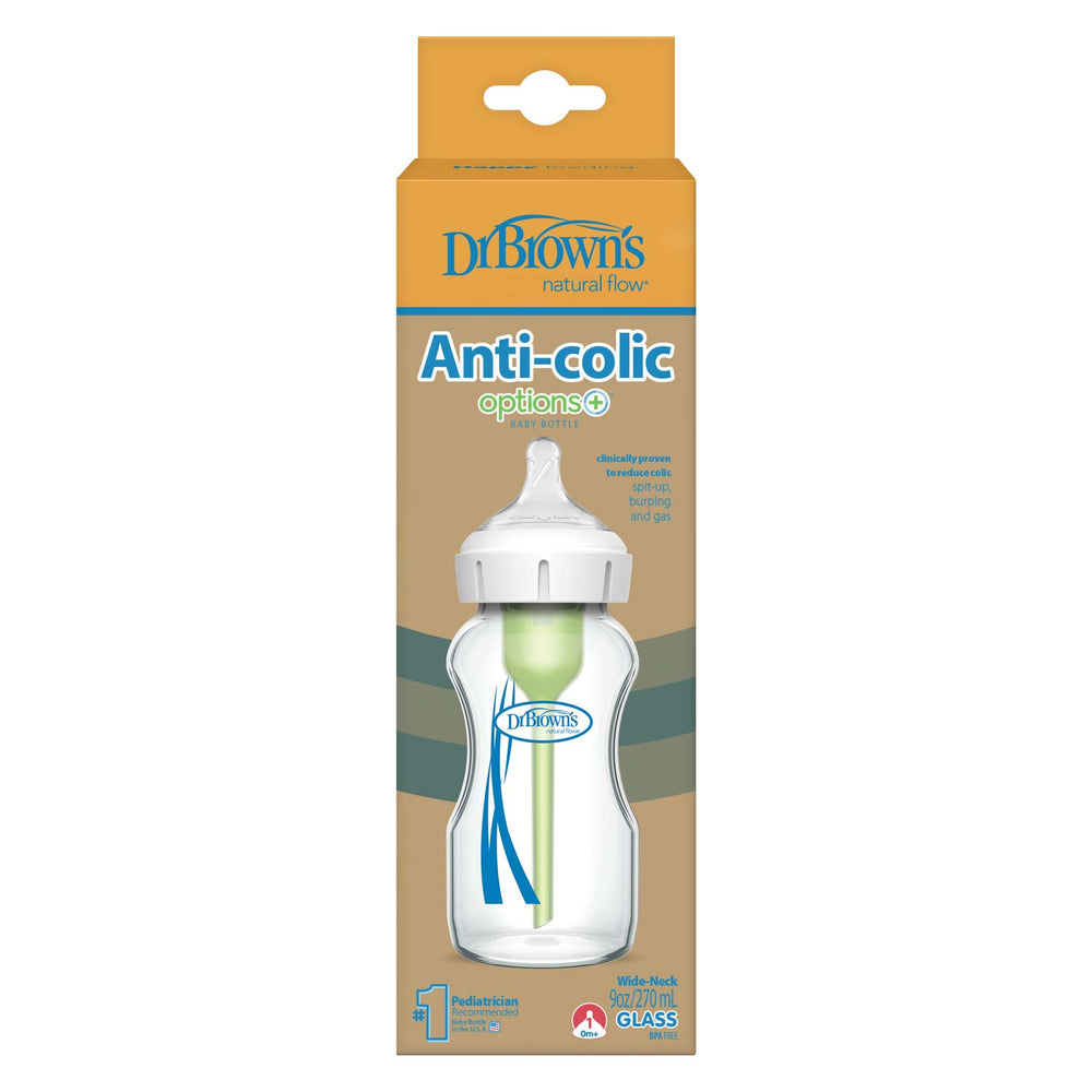 Dr. Brown’s Natural Flow® Anti-Colic Options+™ Wide-Neck Glass Baby Bottle, with Level 1 Slow Flow Nipple, features a white cap, green vent system, blue branding, and is clinically proven to reduce colic, spit-up, burping & gas.