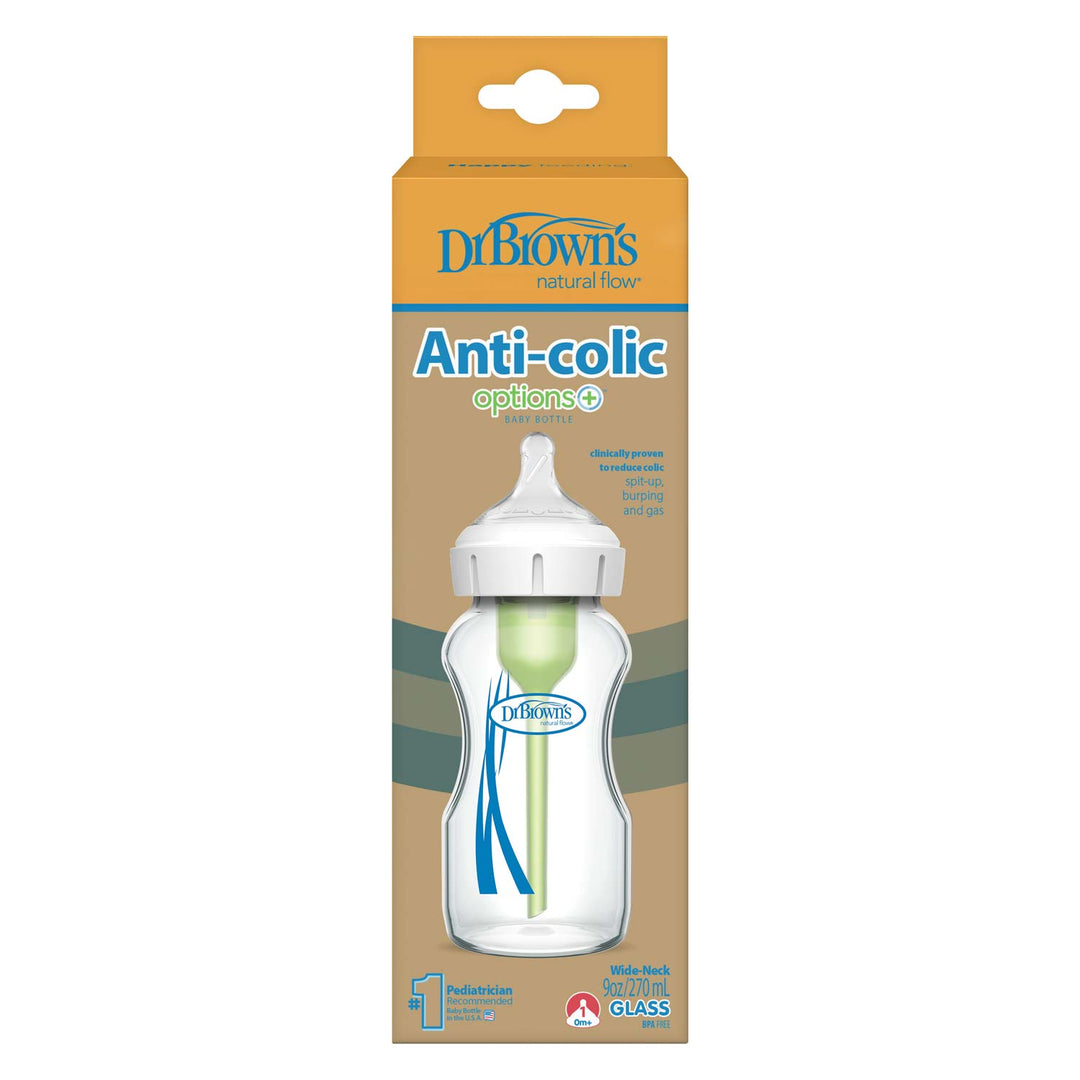 Dr. Brown’s Natural Flow® Anti-Colic Options+™ Wide-Neck Glass Baby Bottle, with Level 1 Slow Flow Nipple, features a white cap, green vent system, blue branding, and is clinically proven to reduce colic, spit-up, burping & gas.