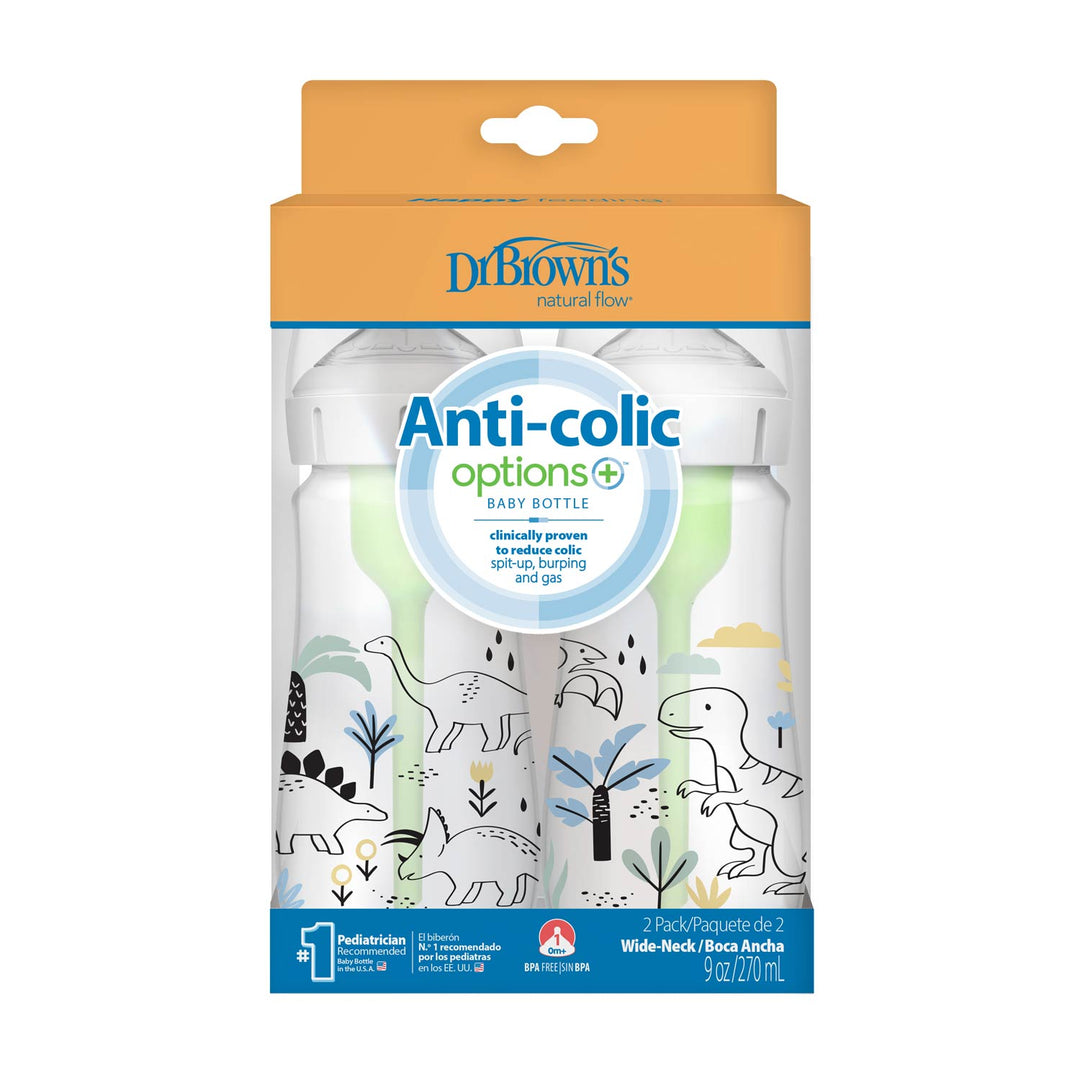 Dr. Brown’s Natural Flow Anti-Colic Options+ Wide-Neck Baby Bottle, 9oz/270mL, 2-Pack, features playful dinosaurs on the bottles. The orange and blue Dr. Brown’s box has a clear window displaying both bottles inside.