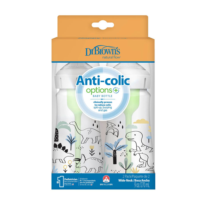 Dr. Brown’s Natural Flow Anti-Colic Options+ Wide-Neck Baby Bottle, 9oz/270mL, 2-Pack, features playful dinosaurs on the bottles. The orange and blue Dr. Brown’s box has a clear window displaying both bottles inside.