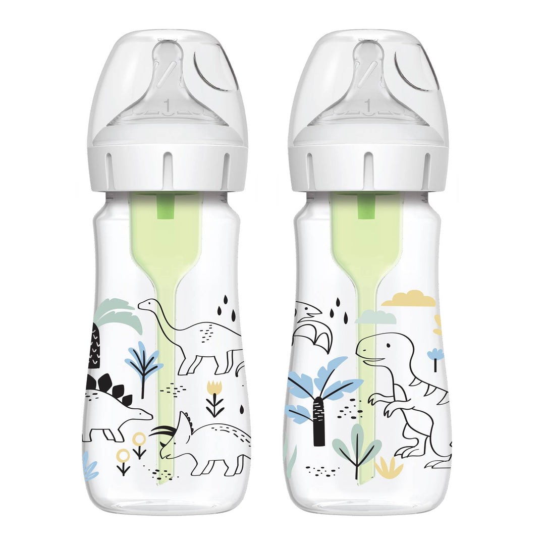 Dr. Brown’s Natural Flow Anti-Colic Options+ Wide-Neck Baby Bottle, 9oz/270mL, 2-Pack features white caps, green straws for natural flow and anti-colic feeding, and cute dinosaur designs with black, blue, and yellow plant accents.