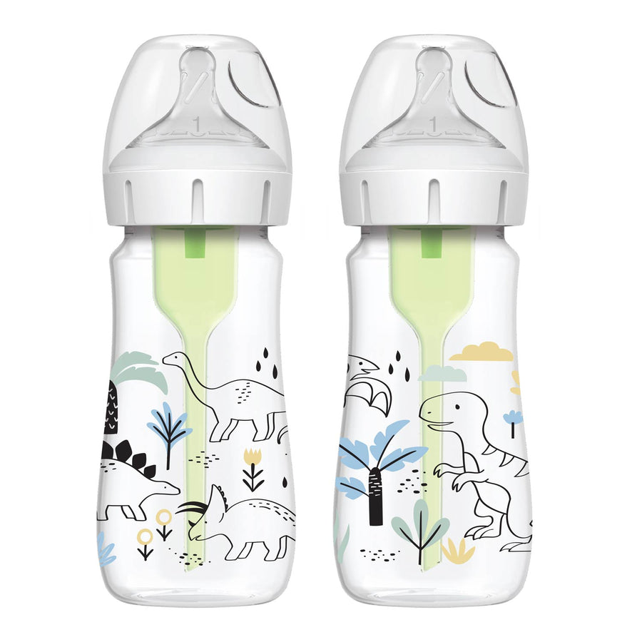 Dr. Brown’s Natural Flow Anti-Colic Options+ Wide-Neck Baby Bottle, 9oz/270mL, 2-Pack features white caps, green straws for natural flow and anti-colic feeding, and cute dinosaur designs with black, blue, and yellow plant accents.