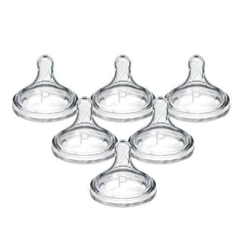 Six clear baby bottle nipples are arranged in a triangular formation against a white background.