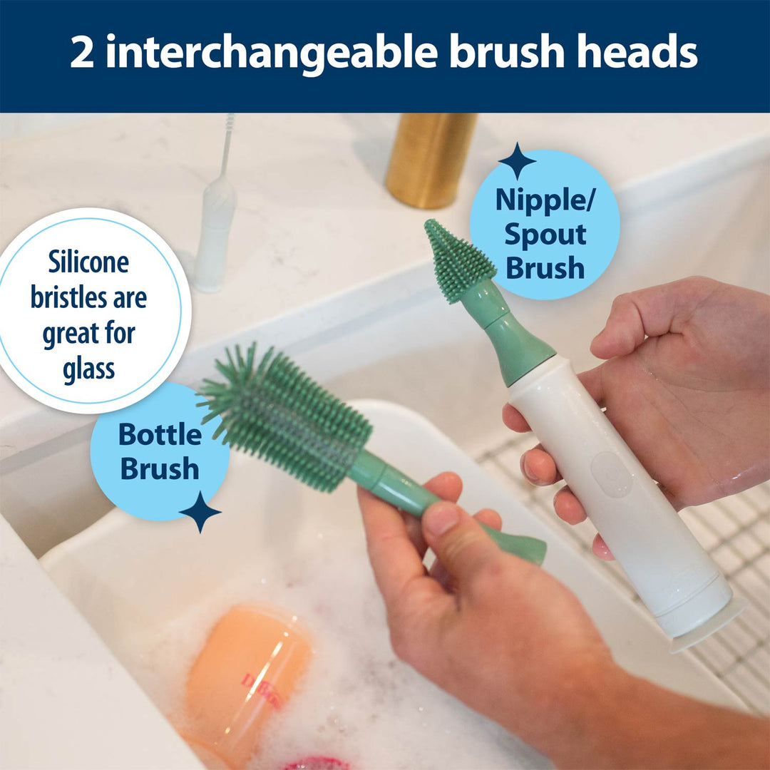Cleaning brush set with interchangeable heads on a sink background