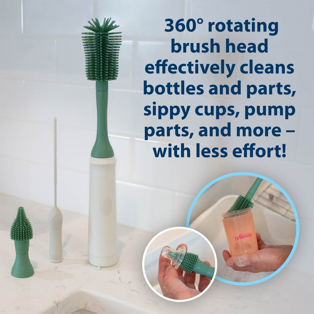 Green and white cleaning brush with text about its effectiveness in cleaning bottles and parts.