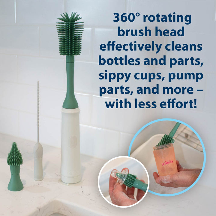 Green and white cleaning brush with text about its effectiveness in cleaning bottles and parts.