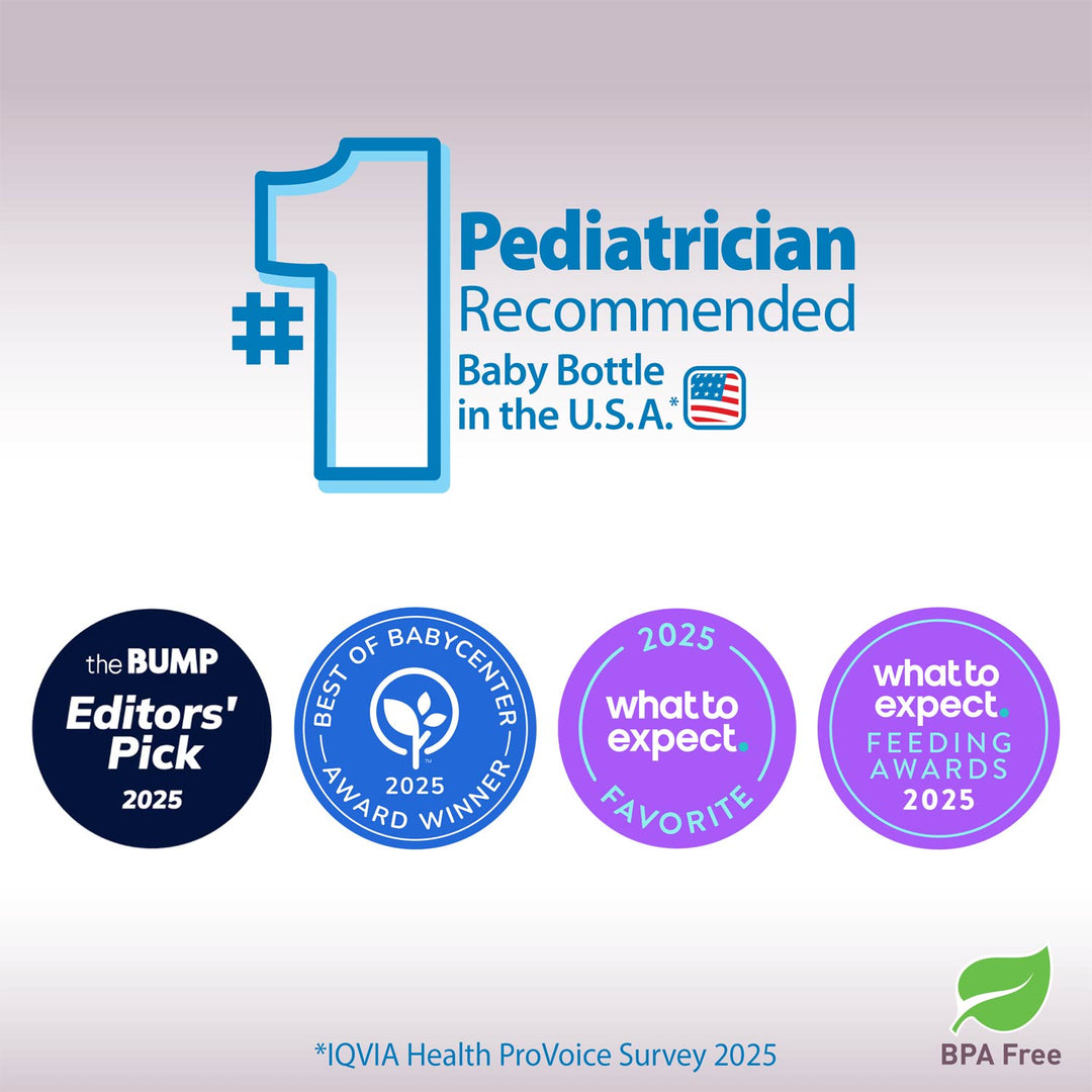 Award graphic for a baby bottle featuring a large blue '#1 Pediatrician Recommended Baby Bottle in the U.S.