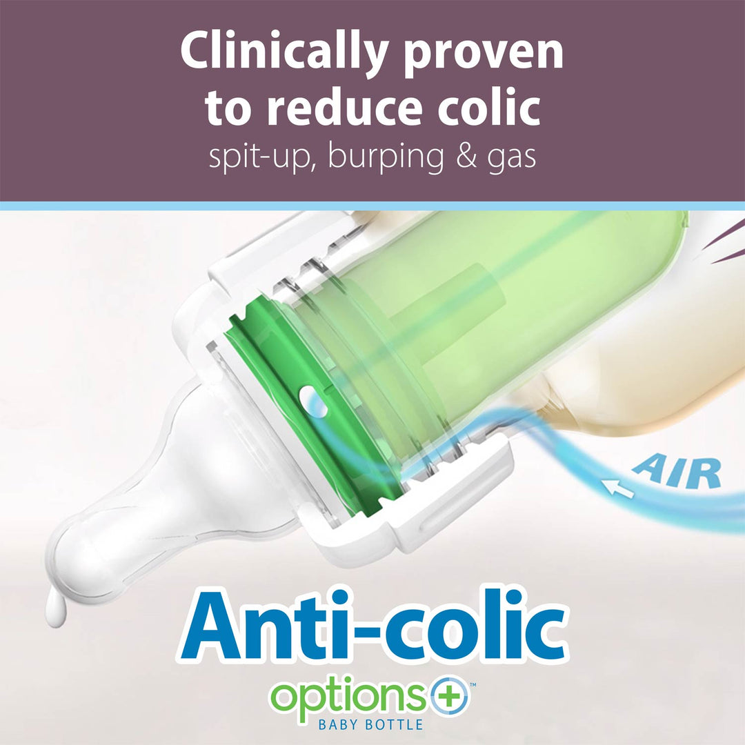Anti-colic baby bottle insert, showing a close-up of a baby bottle with a green and white anti-colic valve. The top text reads 'Clinically proven to reduce colic spit-up, burping & gas' and the bottom displays the 'options BABY BOTTLE' brand logo.