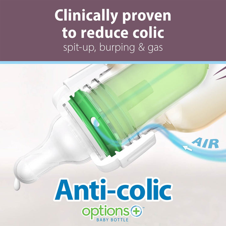 Anti-colic baby bottle insert, showing a close-up of a baby bottle with a green and white anti-colic valve. The top text reads 'Clinically proven to reduce colic spit-up, burping & gas' and the bottom displays the 'options BABY BOTTLE' brand logo.