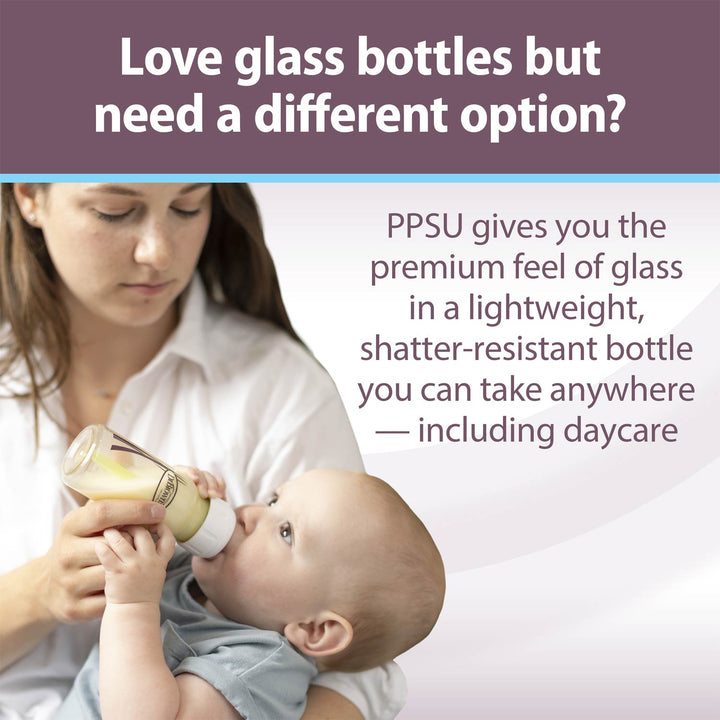 Woman holding a baby while the baby drinks from a glass bottle. Text at the top reads, 'Love glass bottles but need a different option?' and additional text on the right describes a lightweight shatter-resistant PPSU bottle suitable for daycare.