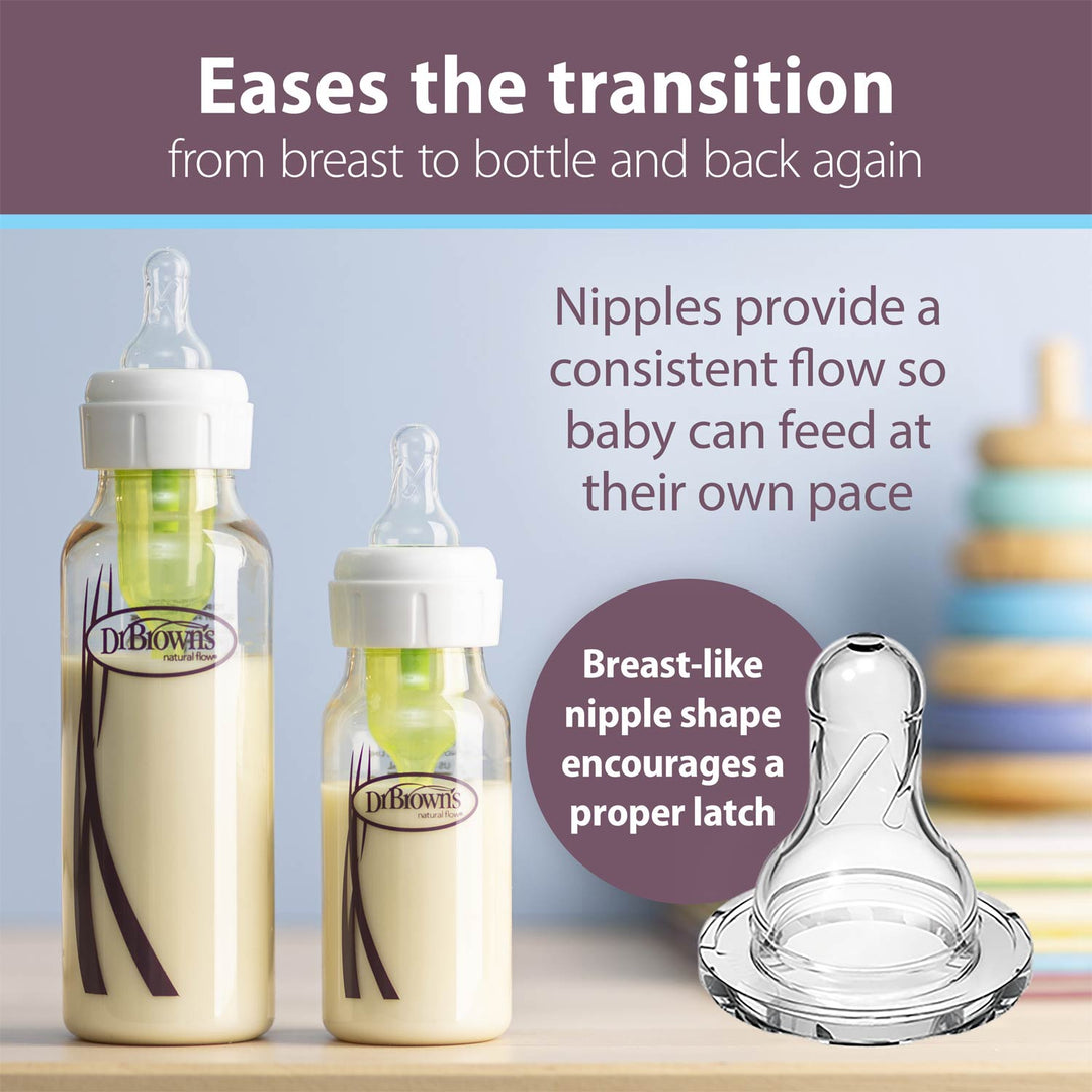 Two Dr. Brown's baby bottles with clear silicone breast-shaped nipples, shown alongside a matching clear silicone nipple on a light blue background with promotional text.