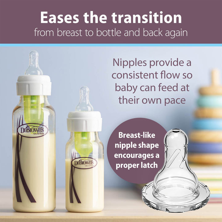 Two Dr. Brown's baby bottles with clear silicone breast-shaped nipples, shown alongside a matching clear silicone nipple on a light blue background with promotional text.