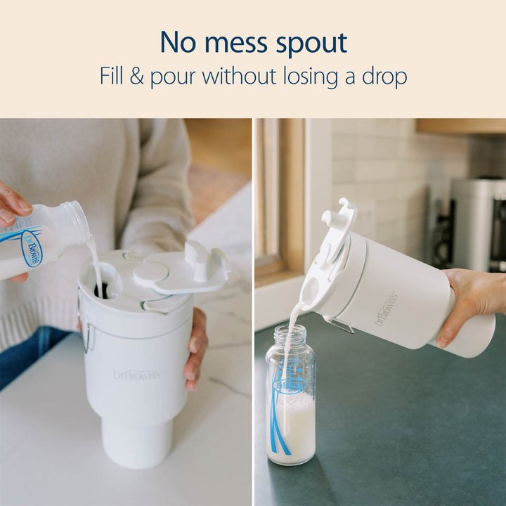 Breast milk and formula chiller being used to fill a bottle, with text 'No mess spout Fill & pour without losing a drop'.