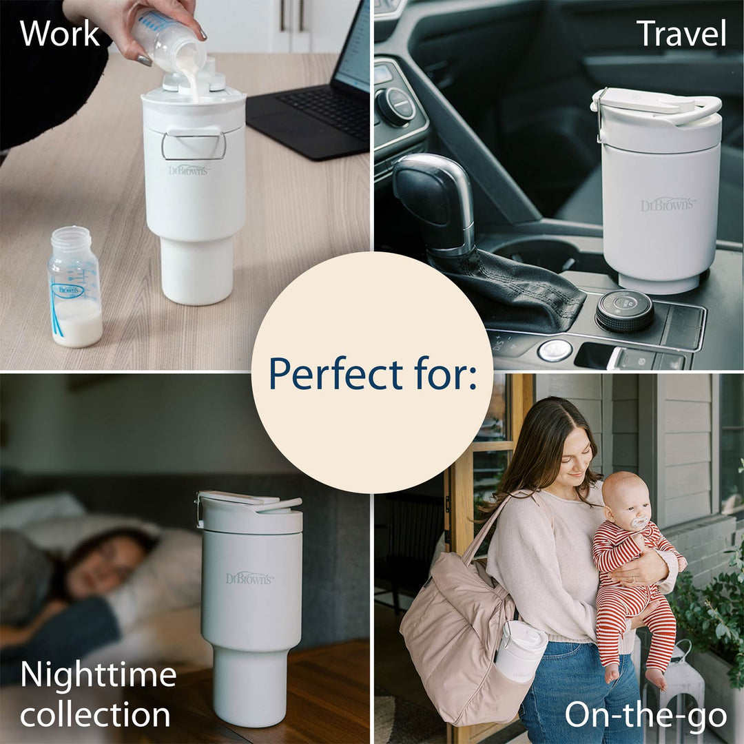 Collage of a breast milk and formula chiller used at work, in a car, during nighttime, and with a baby.