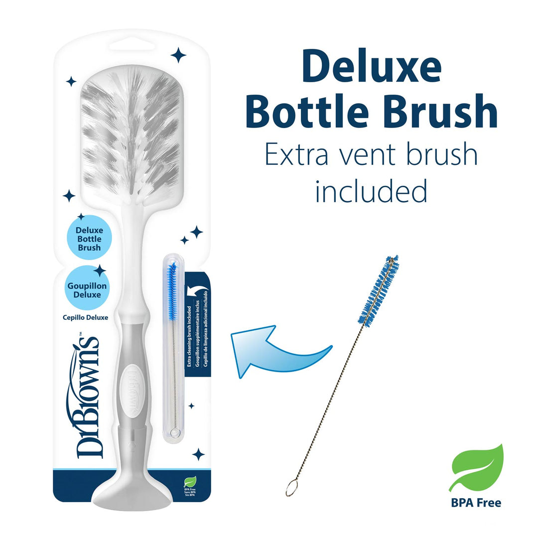 Dr. Brown’s™ Deluxe Bottle Brush in packaging, includes an extra blue vent brush for easy cleaning of baby bottles; labeled BPA free.