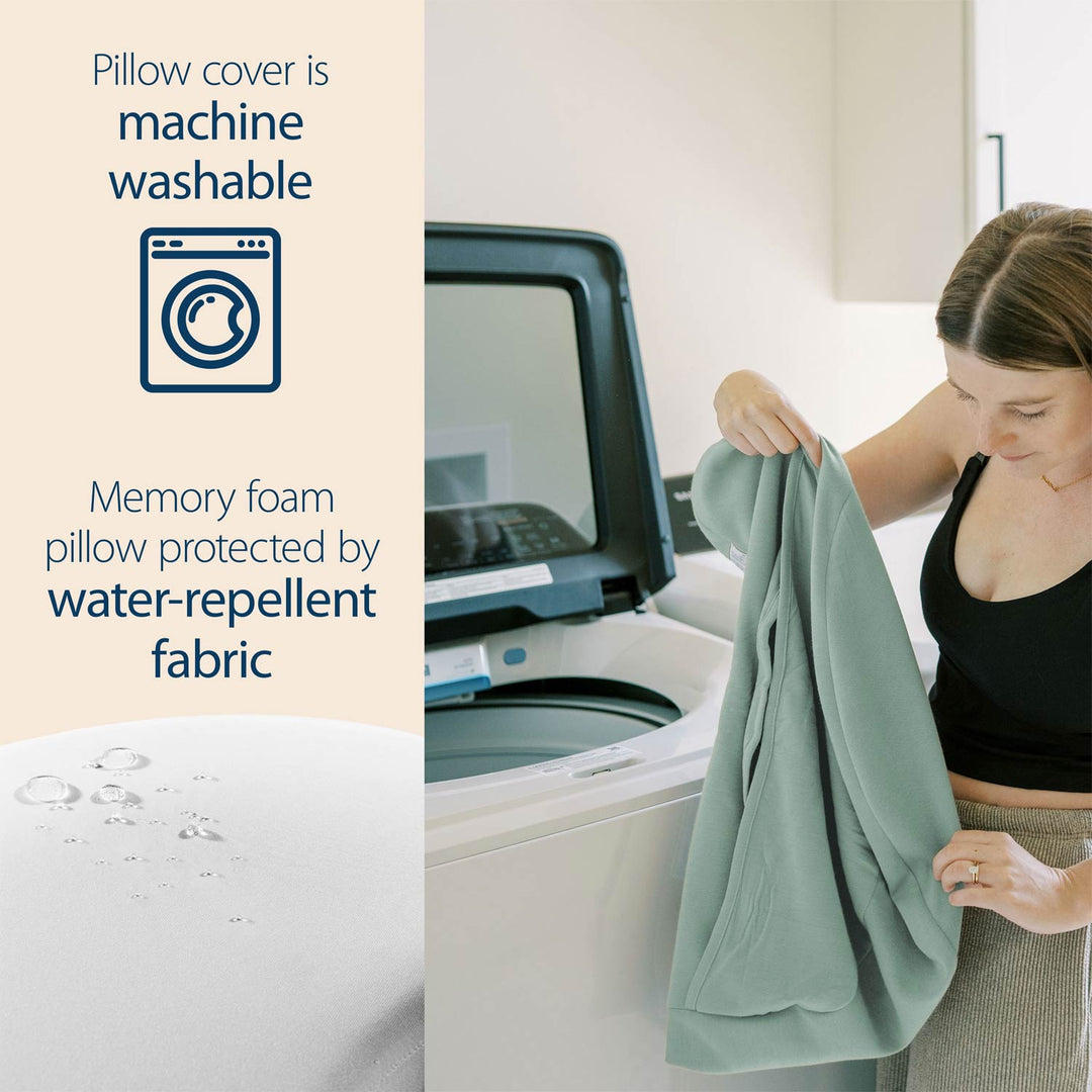 Woman holding a green pillow cover next to a washing machine with text about pillow cover features.