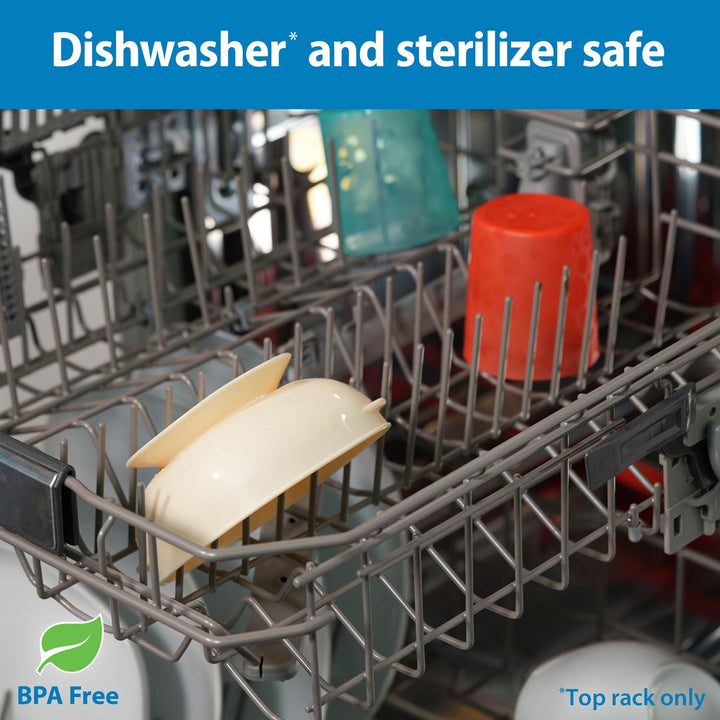 Close-up of an open dishwasher interior with metal racks holding dishes, including an ecru Suction Bowl and a red cup. A blue banner at the top reads 'Dishwasher and sterilizer safe,' with 'BPA Free' and 'Top rack only' text at the bottom.