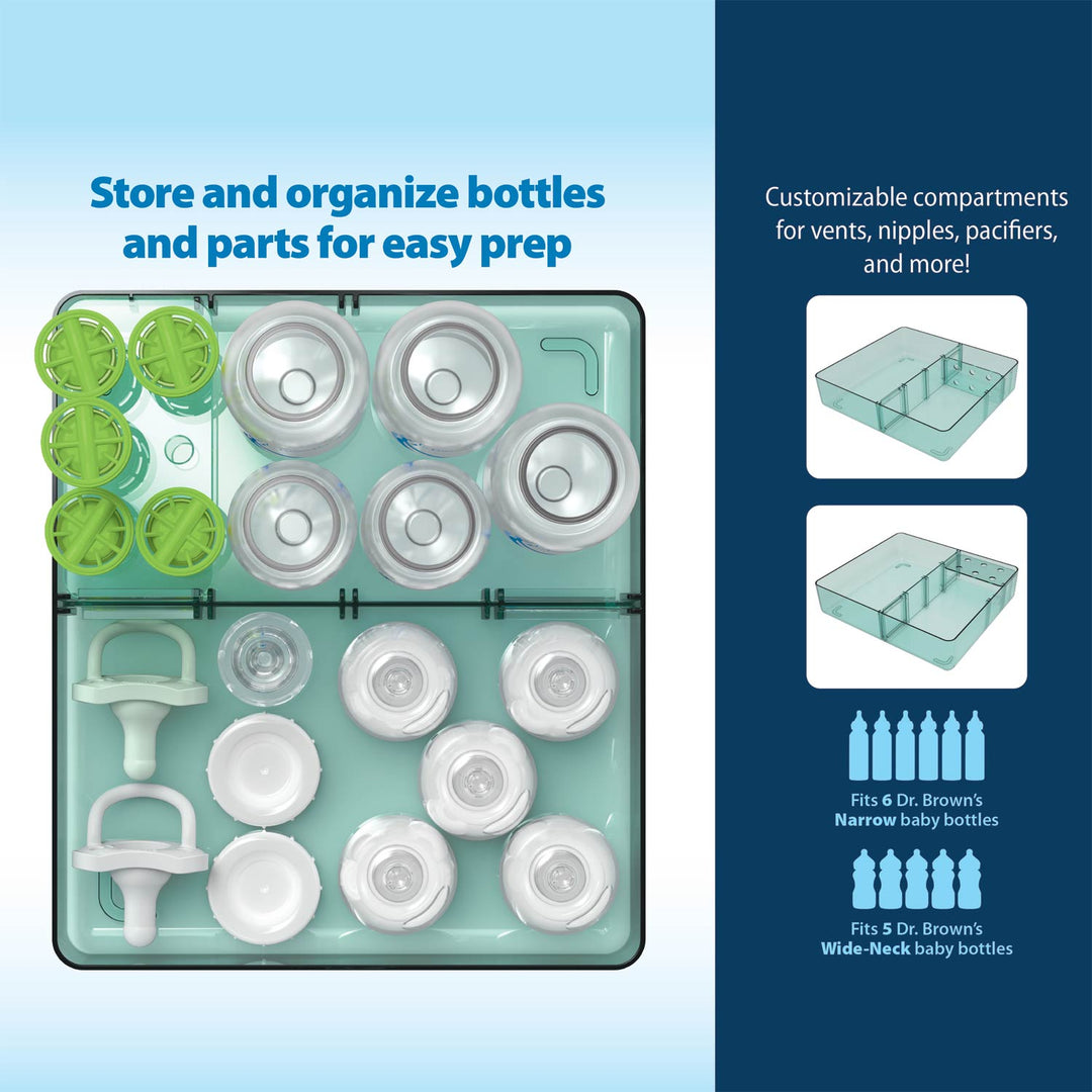 Storage tray with compartments for bottles and bottle parts