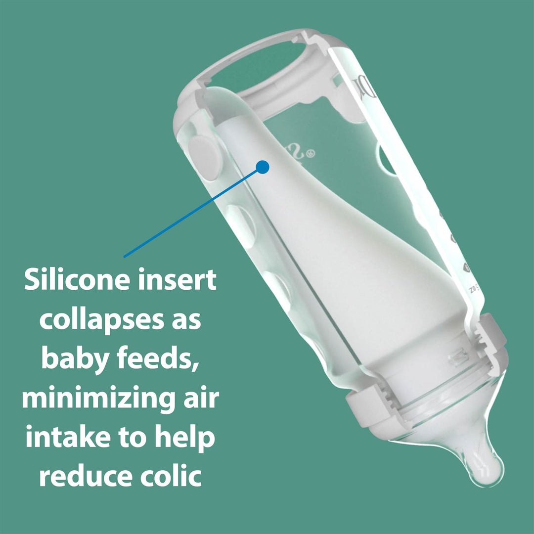 Bottle with silicone insert with text about the insert collapsing as baby feeds