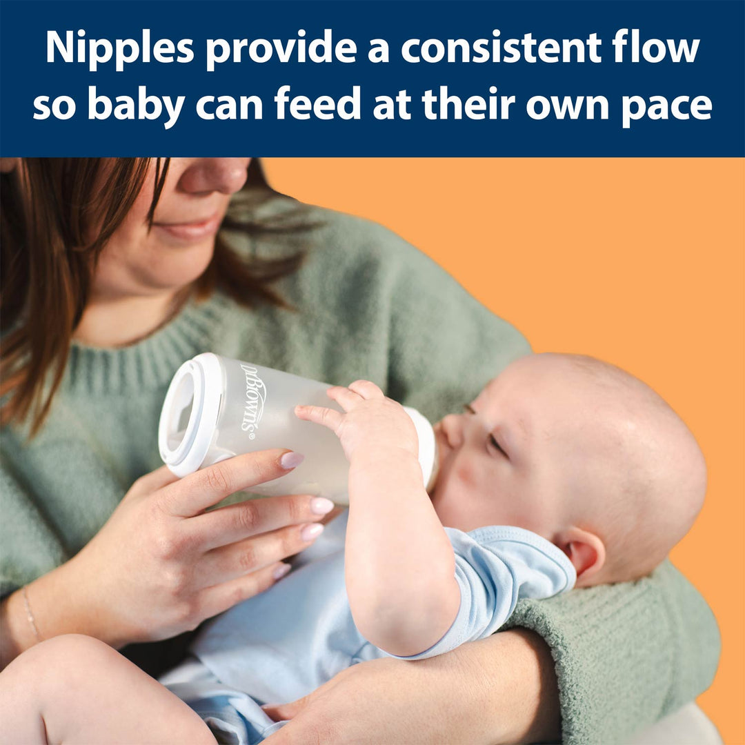 Woman holding a baby and a bottle with text about nipples providing a consistent flow.