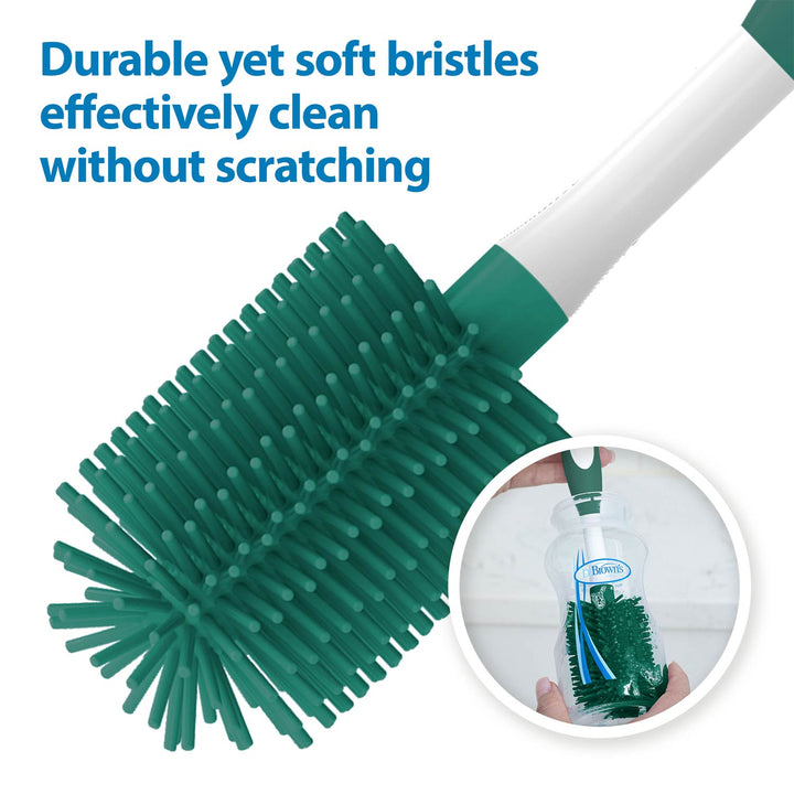 Close-up of a green bottle brush with soft bristles and a white handle; inset shows the brush cleaning inside a plastic bottle. Text above highlights its gentle, non-scratching cleaning.