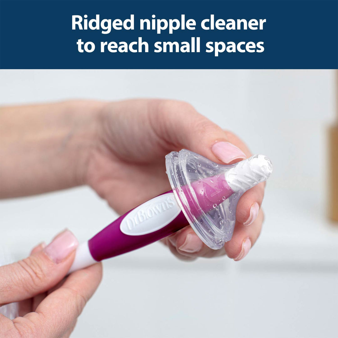 Hand holding a ridged nipple cleaner with text