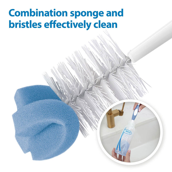 Dr. Brown's™ Baby Bottle Brush features white bristles and a blue sponge. Inset shows it cleaning a bottle under a faucet. Text: Dr. Brown's combination sponge and bristles make baby bottle cleaning easy and effective.