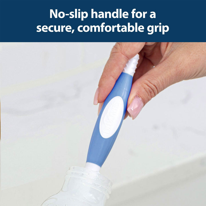 A hand holds Dr. Brown's™ Baby Bottle Brush in blue and white, featuring a no-slip handle for a secure, comfortable grip; ideal for cleaning baby bottles. Text above reads: No-slip handle for a secure, comfortable grip.