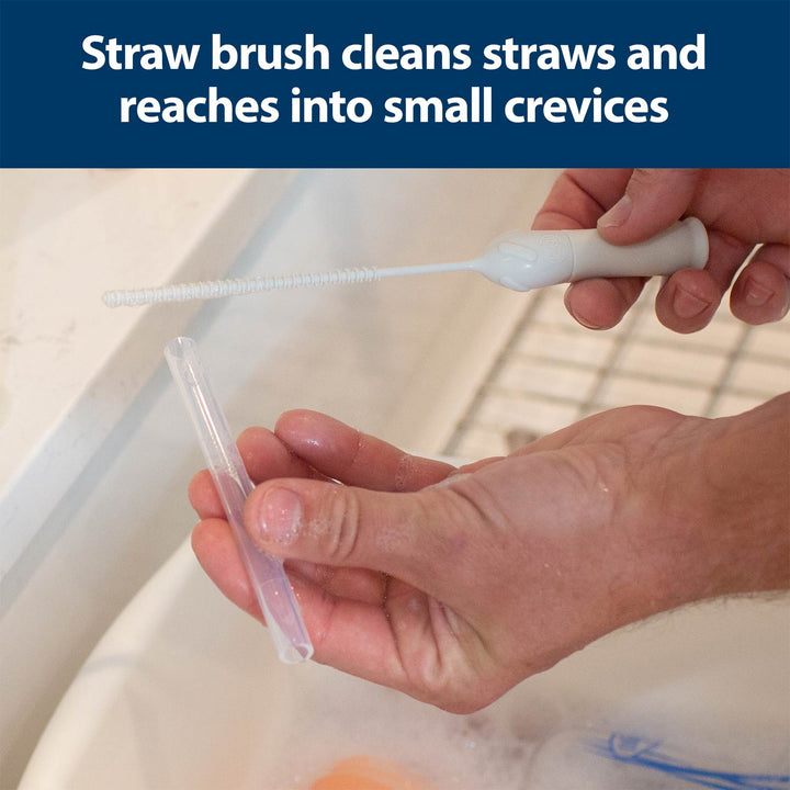 Person using a straw brush to clean a straw with text indicating its use.