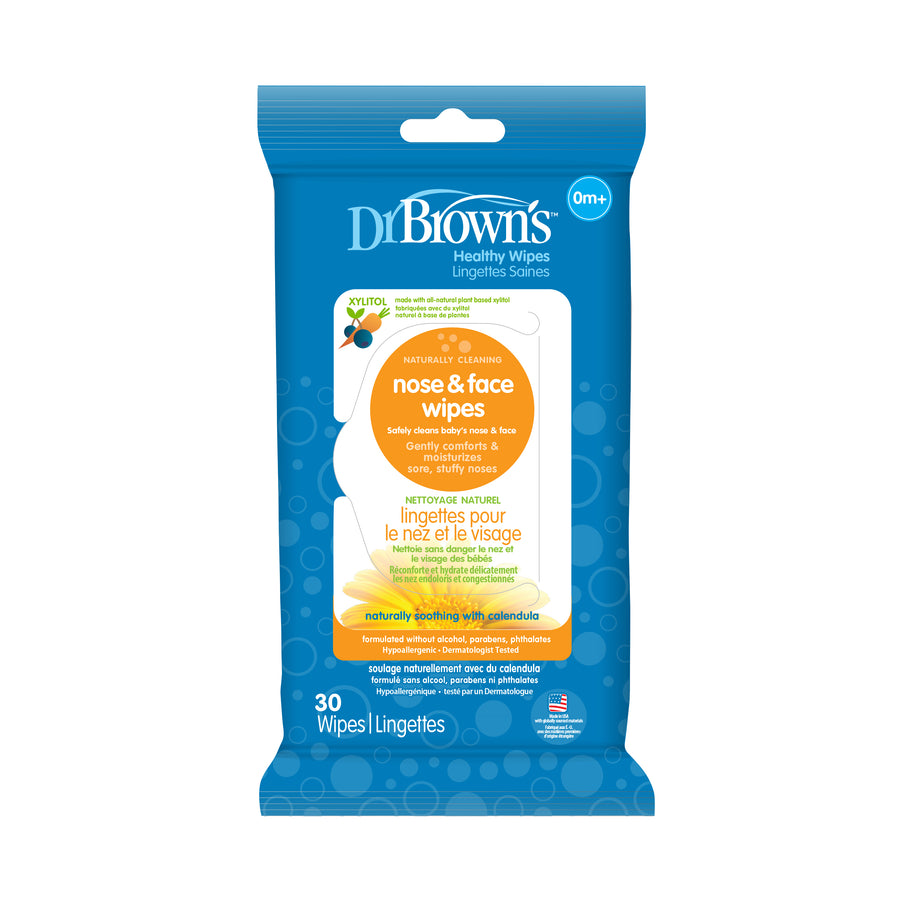 Dr. Brown's Nose and Face Wipes with Calendula and Xylitol, 30 Count, are packaged in a blue wrapper adorned with an orange design. These wipes emphasize plant-based xylitol and natural ingredients like calendula to provide soothing care, making them suitable for children from birth.