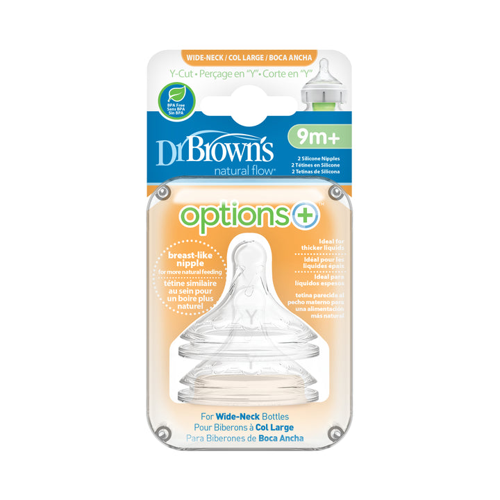 Dr. Brown’s Natural Flow® Wide-Neck Baby Bottle Silicone Nipple is packaged with two breast-like shaped nipples, tailored for thicker liquids and suitable for babies aged 9 months and older. These anti-colic silicone nipples are designed specifically for wide-neck bottles by Dr. Brown's.