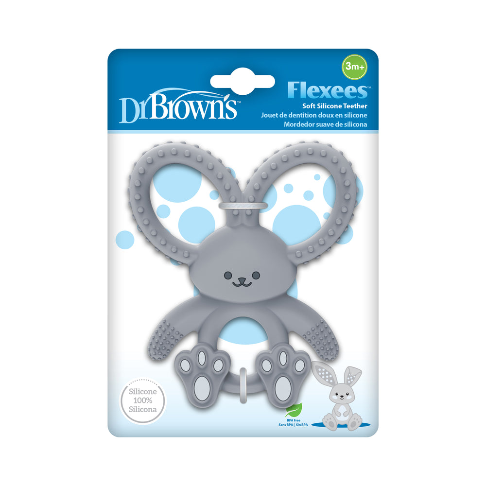 Discover Dr. Brown's™ Flexees™ Bunny Teether, ideal for ages 3 months and up. Made from soft silicone, this gray teether provides soothing relief with its textured ears and paws.