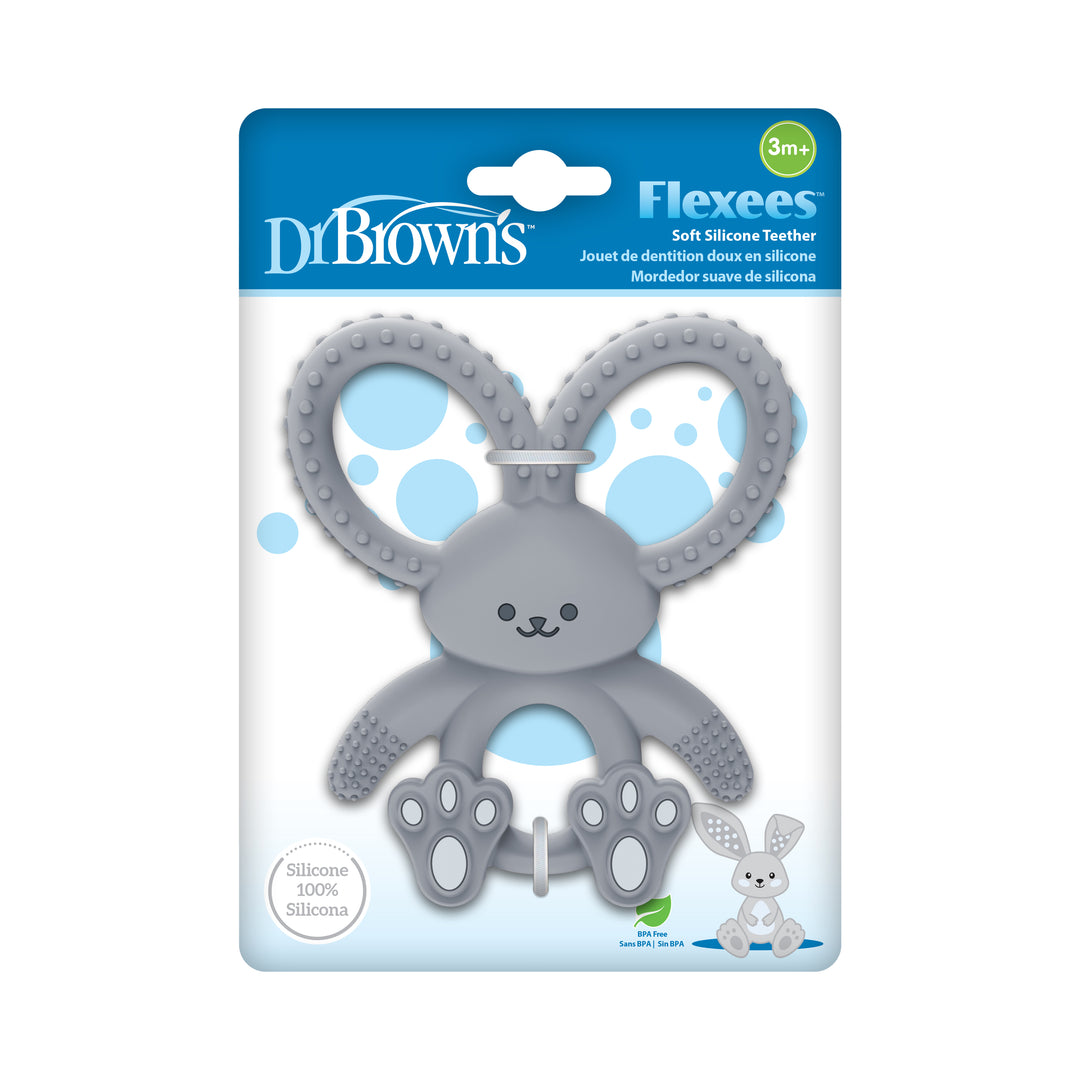 Discover Dr. Brown's™ Flexees™ Bunny Teether, ideal for ages 3 months and up. Made from soft silicone, this gray teether provides soothing relief with its textured ears and paws.