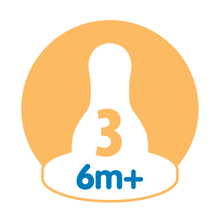 Illustration of a Dr. Brown’s Natural Flow® Narrow Baby Bottle Silicone Nipple, 2-Pack, featuring the number "3" to signify suitability for infants aged 6 months and older. The text "6m+" in blue at the bottom underscores its anti-colic design, all displayed against an orange circle.