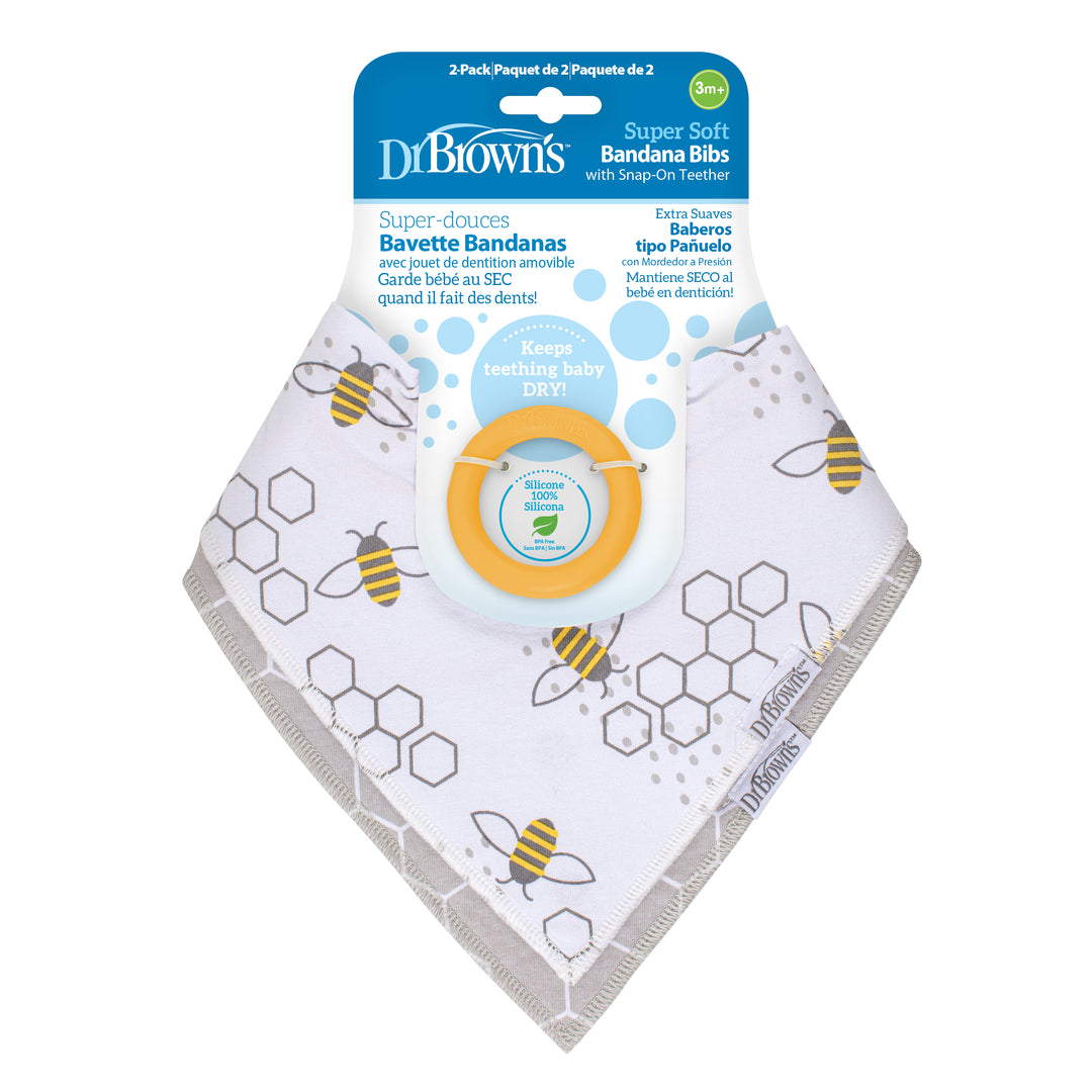 A set of two Dr. Brown’s™ Bandana Bibs with Removable Teether in white, showcasing an adorable honey bee and honeycomb design. The packaging provides information in both English and French, emphasizing the product's advantages.