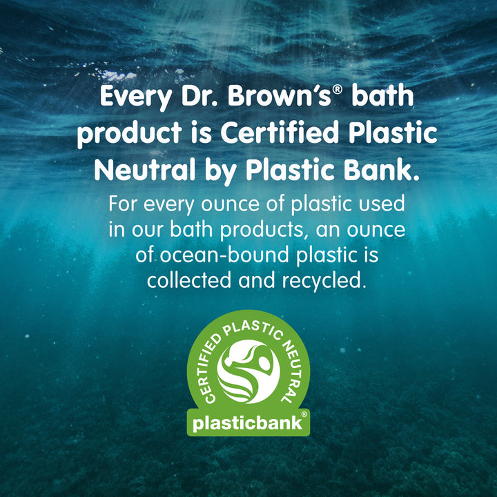 Underwater view with text: "Dr. Brown’s™ CleanUp™ Float & Hatch Dino Eggs, along with all Dr. Brown's bath products, are Certified Plastic Neutral by Plastic Bank. For every ounce of plastic used in these bath toys, an equivalent amount of ocean-bound plastic is collected and recycled." Includes the Plastic Bank logo.