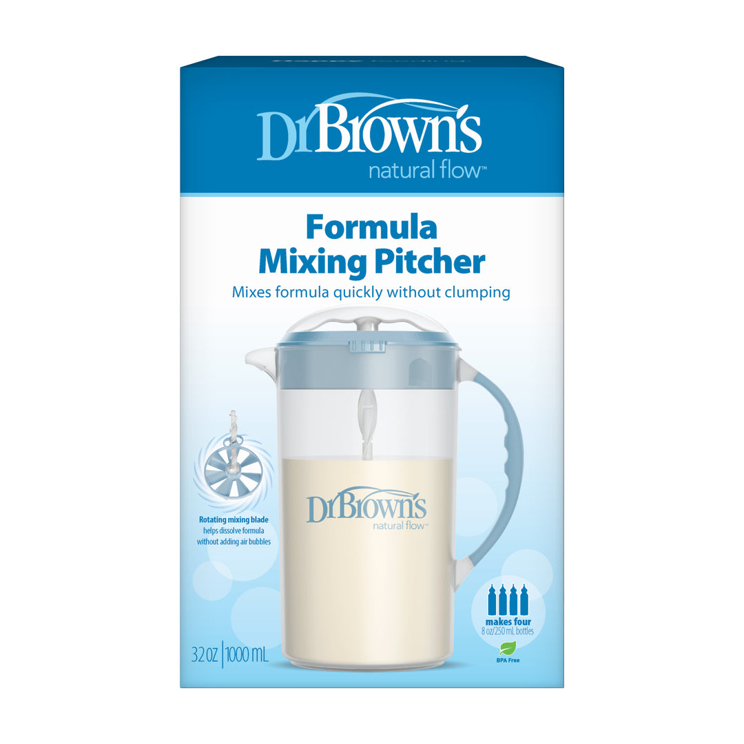 Dr. Brown's Natural Flow® Formula Mixing Pitcher features a blue and white packaging design that efficiently blends formula without clumping to minimize gas. Its rotating mixing blade is engineered to quickly prepare up to 32 oz (1000 ml), enough for four baby bottles.