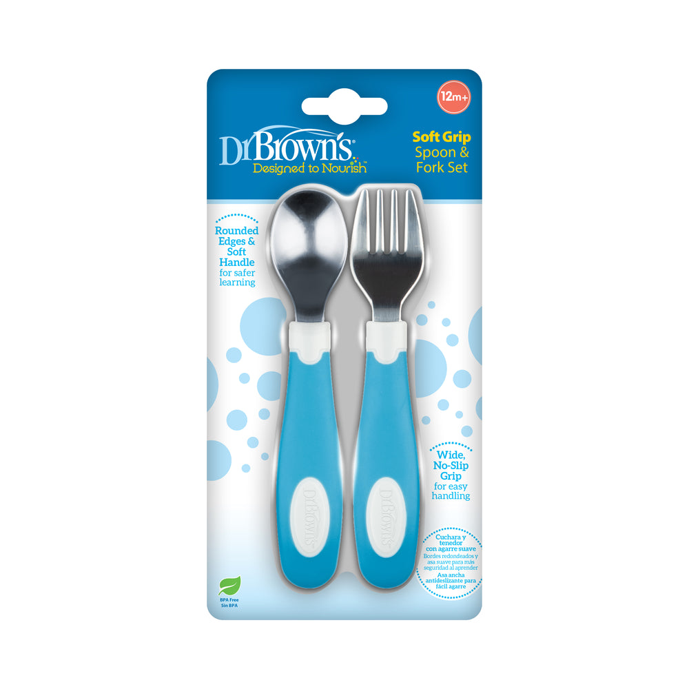 Dr. Brown’s™ Designed to Nourish™ Soft-Grip Spoon and Fork set is packaged for children aged 12 months and up. This set features a blue and white design with rounded edges, ensuring safe learning, and includes a wide, no-slip grip to facilitate easy handling.