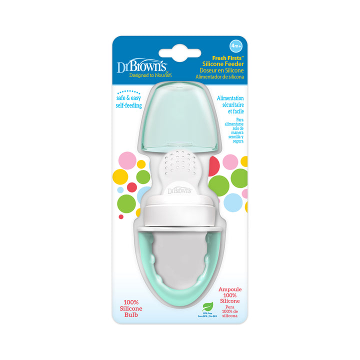 The packaging of Dr. Brown's™ Fresh Firsts™ Silicone Feeder is perfect for transitioning to solid foods, featuring a turquoise silicone bulb that ensures safe and easy self-feeding. It includes colorful circles and product information, making it a great addition to your child's feeding journey.