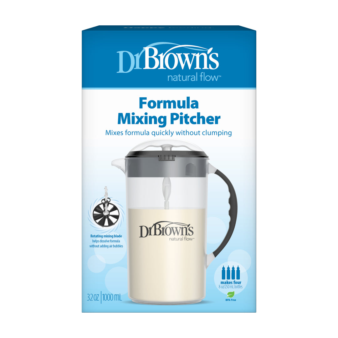 Packaging image of Dr. Brown's Natural Flow® Formula Mixing Pitcher by Dr. Brown's. The blue and white box highlights a pitcher designed to smoothly mix formula, minimizing gas formation. It has a 32 oz/1000 mL capacity and features a rotating mixing handle for efficient formula dissolution, ideal for baby bottle preparation.