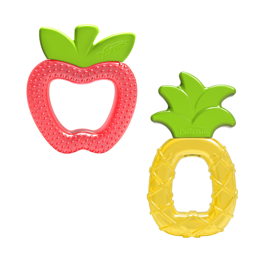 Dr. Brown's AquaCool Water-Filled Baby Teether comes in a two-pack featuring vibrant, cooling teething toys perfect for soothing sore gums. One toy is designed to look like a red apple with a green top, while the other resembles a yellow pineapple with green leaves.