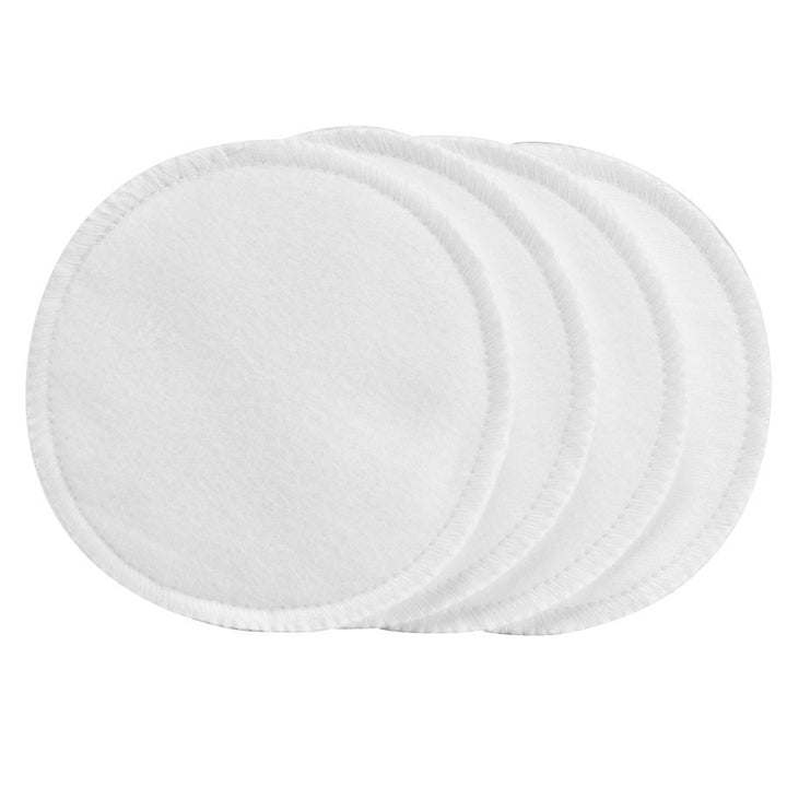 Four round Dr. Brown’s® Washable Breast Pads are fanned out and slightly overlapping on a white background. Made by Dr. Brown's, they appear soft and ideal for skincare or makeup removal, promising effective usage with added leakage prevention.