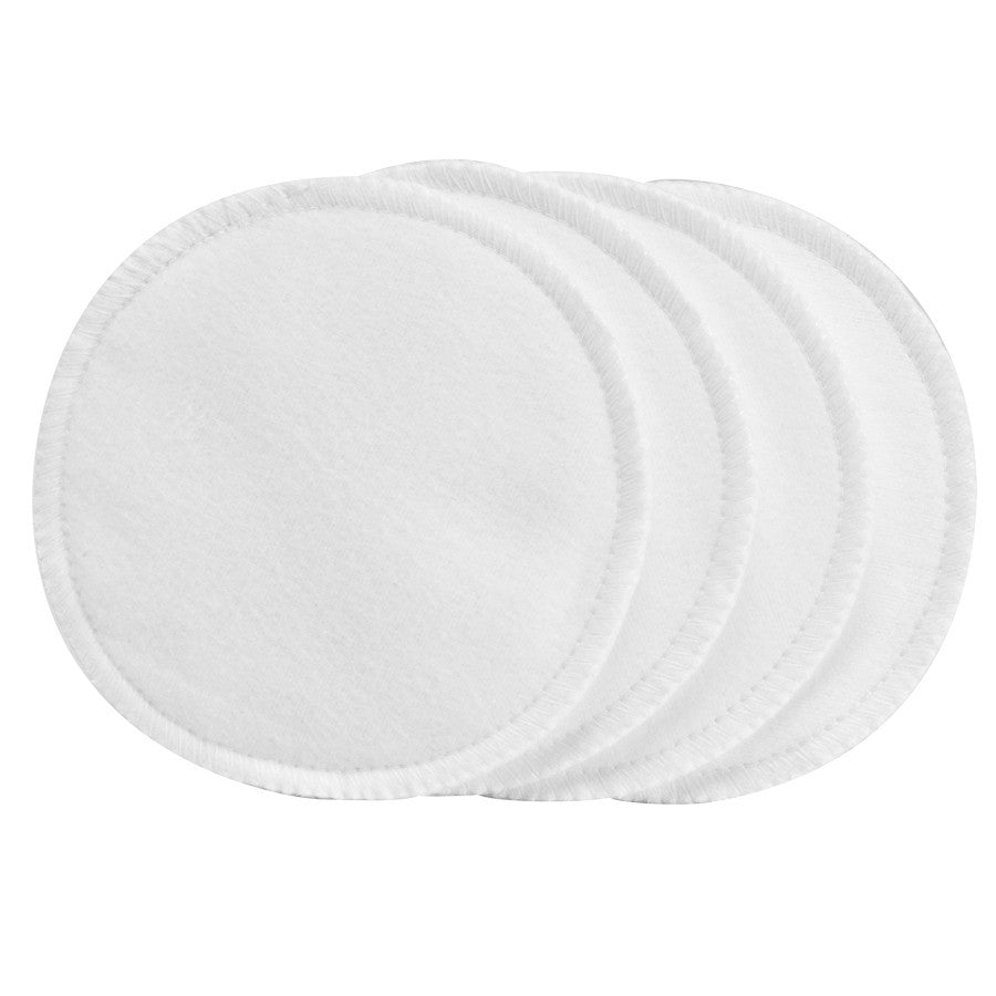 Four round Dr. Brown’s® Washable Breast Pads are fanned out and slightly overlapping on a white background. Made by Dr. Brown's, they appear soft and ideal for skincare or makeup removal, promising effective usage with added leakage prevention.