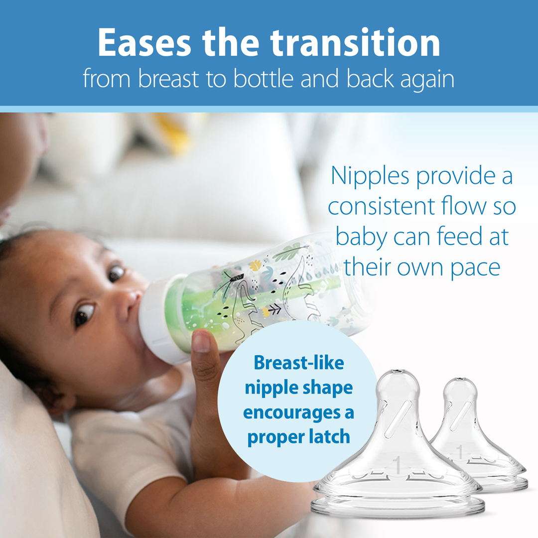 A caregiver bottle-feeds a baby using Dr. Brown's Natural Flow® Anti-Colic Options+™ Wide-Neck Baby Bottle, 9oz/270mL, which features a colorful design. The product description emphasizes its advantages, noting that the nipples are crafted to resemble a breast-like shape for an ideal latch and offer a consistent flow to facilitate easy feeding while reducing colic discomfort.