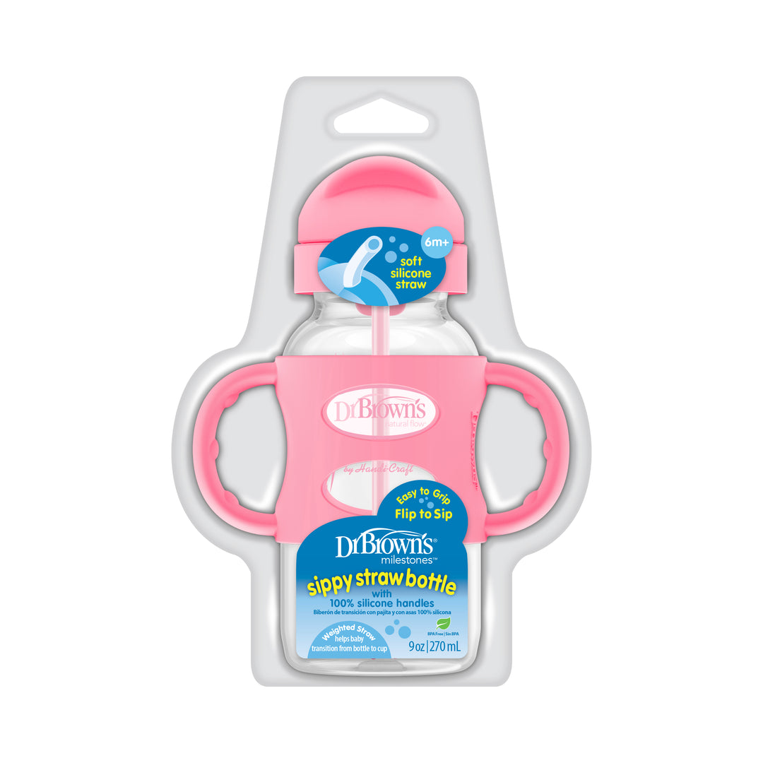 The Dr. Brown's™ Milestones™ Wide-Neck Sippy Straw Bottle with Silicone Handles is ideal for babies aged 6 months and up. This pink bottle holds 9 oz/270 ml and promotes independent drinking skills with its soft, silicone weighted straw and dual handles, making sipping easy for little ones.