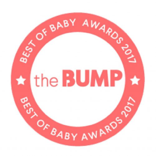 Circular pink badge with white stars and text: "BEST OF BABY AWARDS 2017" around the edge. The center reads "the BUMP" in pink and red letters.